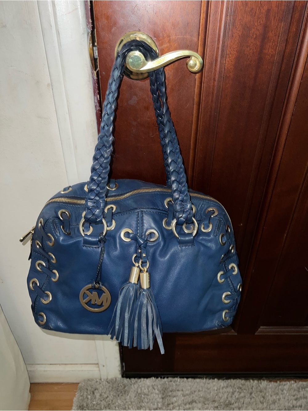 Michael Kors Blue Leather Satchel Handbag with Braided Handles and Tassels